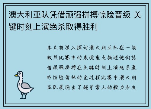 澳大利亚队凭借顽强拼搏惊险晋级 关键时刻上演绝杀取得胜利