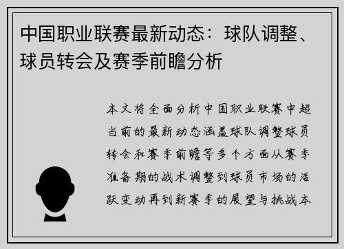 中国职业联赛最新动态：球队调整、球员转会及赛季前瞻分析