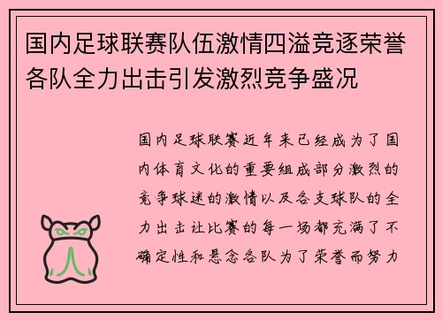 国内足球联赛队伍激情四溢竞逐荣誉各队全力出击引发激烈竞争盛况