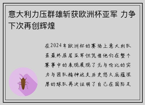 意大利力压群雄斩获欧洲杯亚军 力争下次再创辉煌