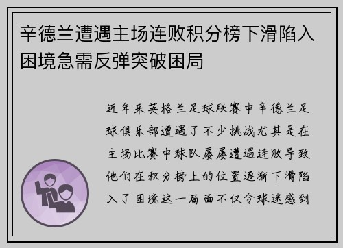 辛德兰遭遇主场连败积分榜下滑陷入困境急需反弹突破困局