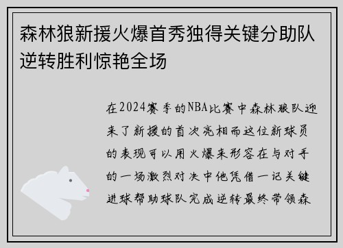 森林狼新援火爆首秀独得关键分助队逆转胜利惊艳全场