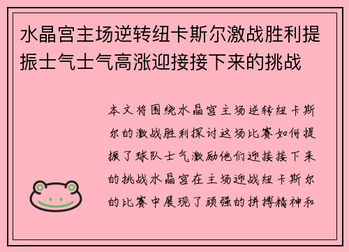 水晶宫主场逆转纽卡斯尔激战胜利提振士气士气高涨迎接接下来的挑战