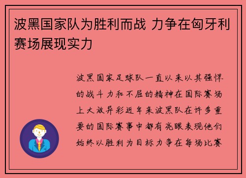 波黑国家队为胜利而战 力争在匈牙利赛场展现实力