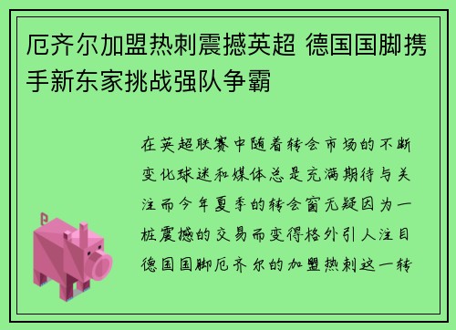 厄齐尔加盟热刺震撼英超 德国国脚携手新东家挑战强队争霸