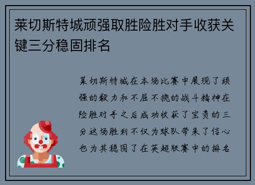 莱切斯特城顽强取胜险胜对手收获关键三分稳固排名