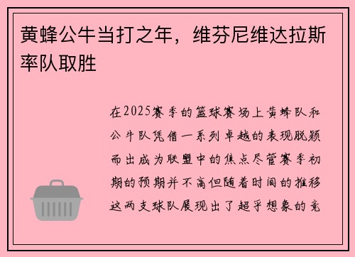 黄蜂公牛当打之年，维芬尼维达拉斯率队取胜