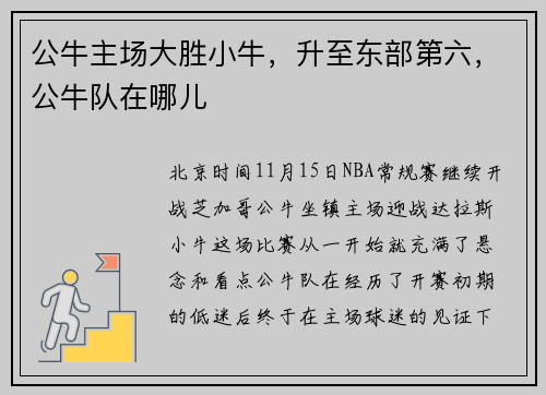 公牛主场大胜小牛，升至东部第六，公牛队在哪儿
